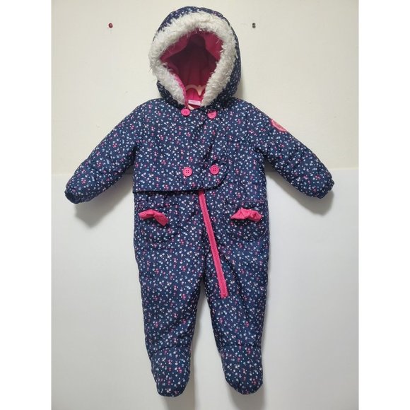 EUC U.S. POLO ASSOCIATION GIRLS SNOW SUIT 9 MOS BLUE PINK FLORAL ZIP ONE PEICE - Picture 1 of 15